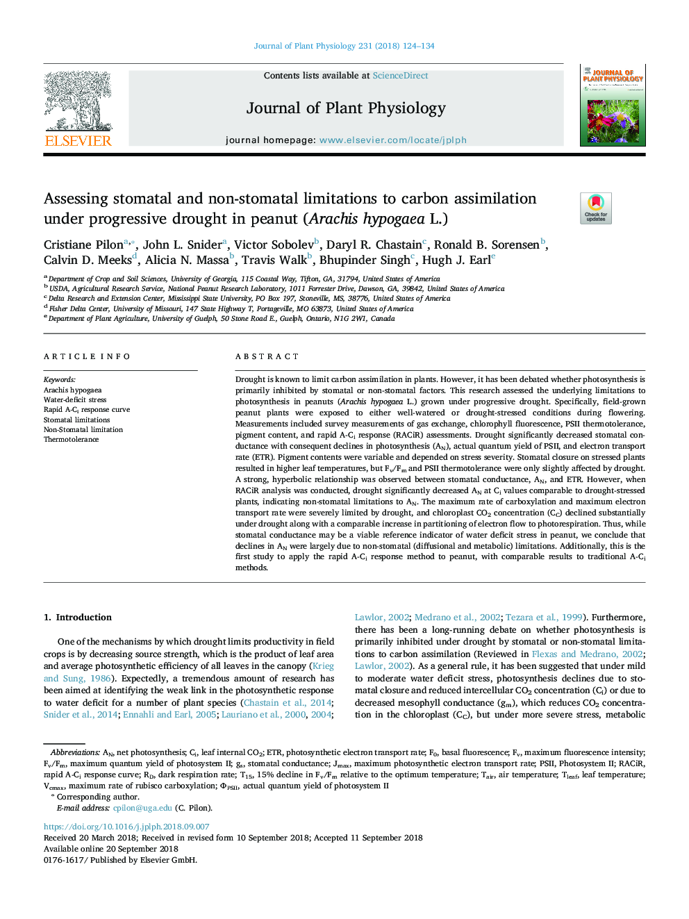 Assessing stomatal and non-stomatal limitations to carbon assimilation under progressive drought in peanut (Arachis hypogaea L.)