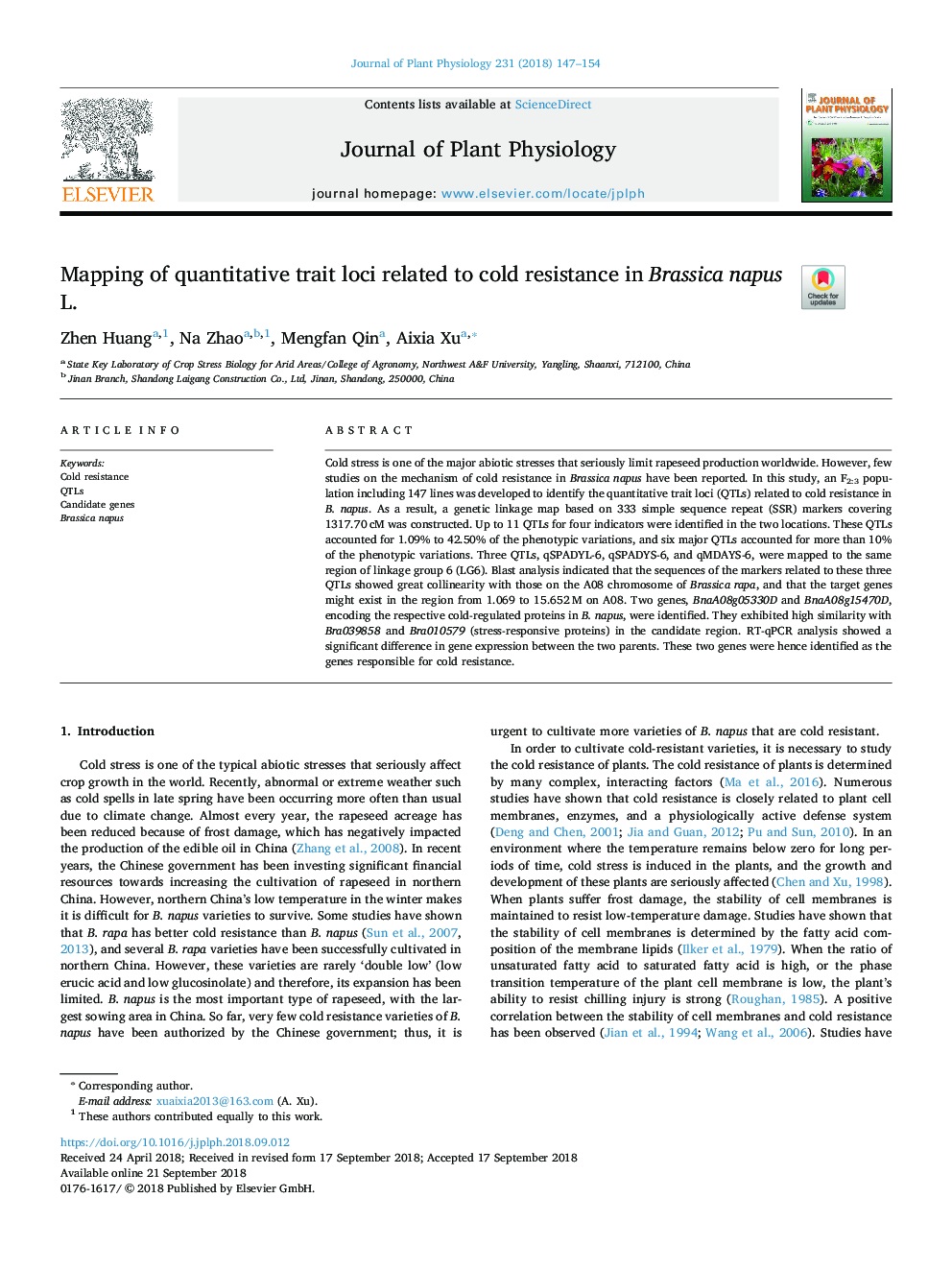 Mapping of quantitative trait loci related to cold resistance in Brassica napus L.