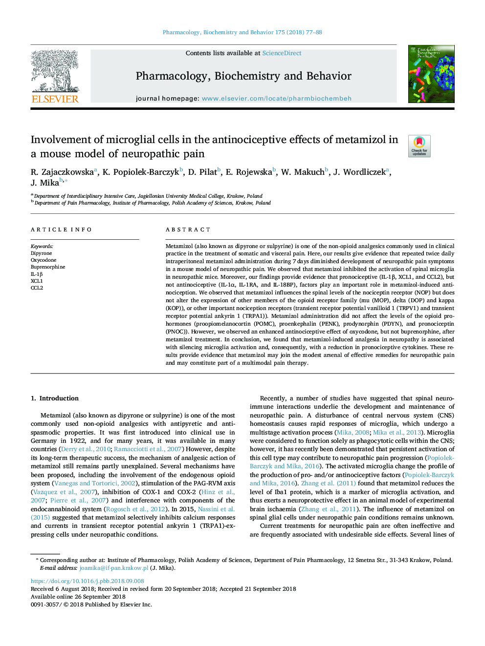 Involvement of microglial cells in the antinociceptive effects of metamizol in a mouse model of neuropathic pain