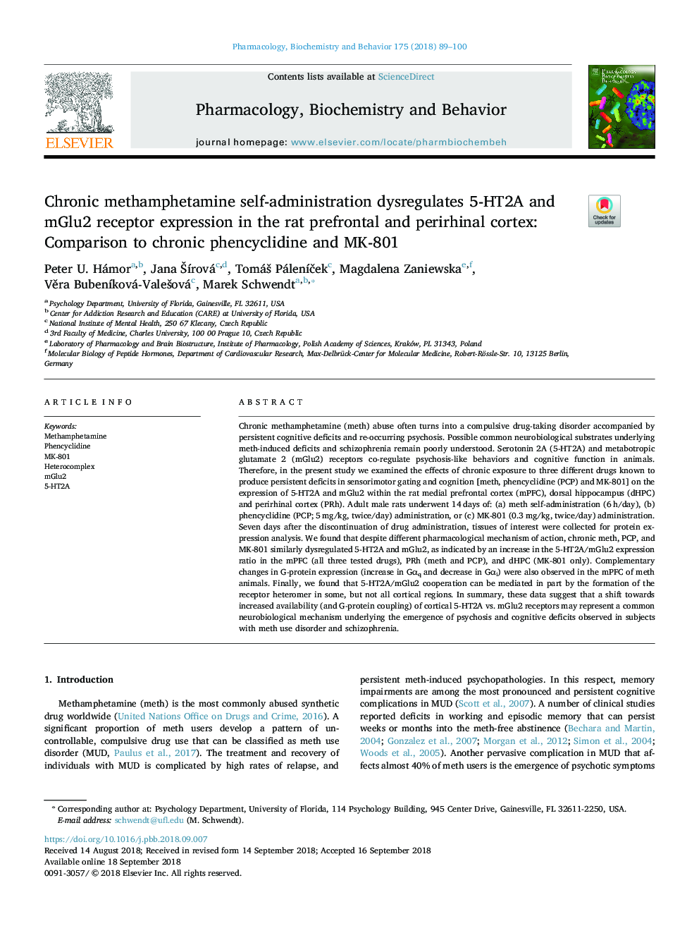 Chronic methamphetamine self-administration dysregulates 5-HT2A and mGlu2 receptor expression in the rat prefrontal and perirhinal cortex: Comparison to chronic phencyclidine and MK-801