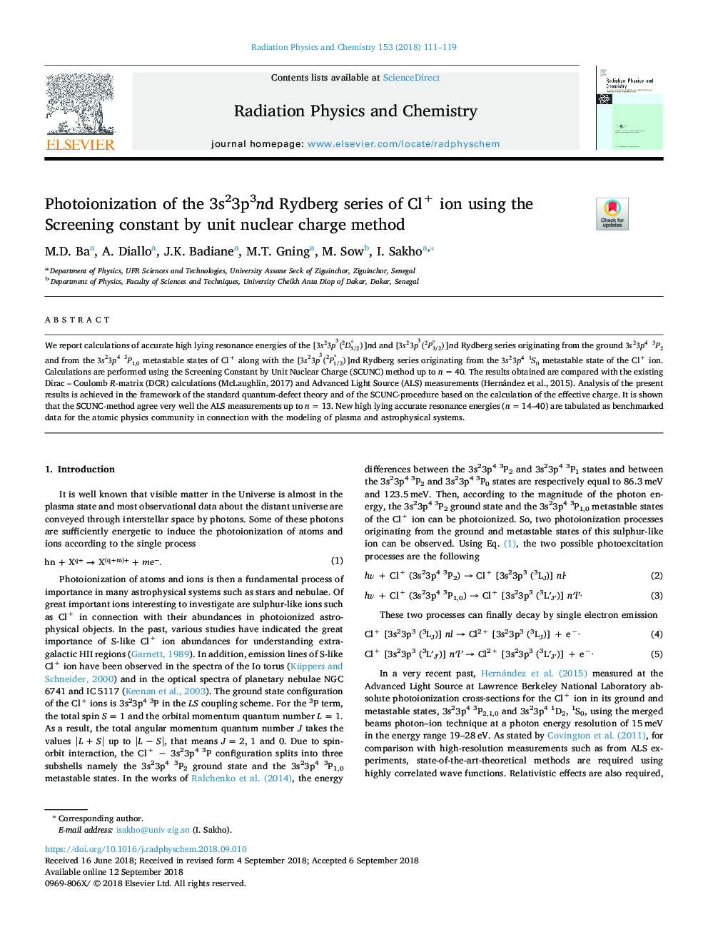 Photoionization of theÂ 3s23p3nd Rydberg series of Cl+ ion using the Screening constant by unit nuclear charge method