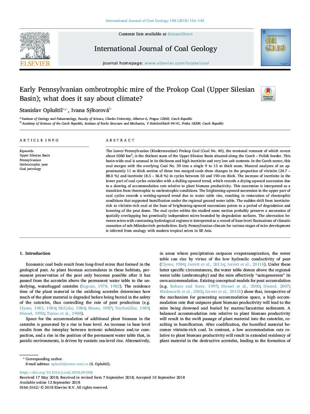 Early Pennsylvanian ombrotrophic mire of the Prokop Coal (Upper Silesian Basin); what does it say about climate?