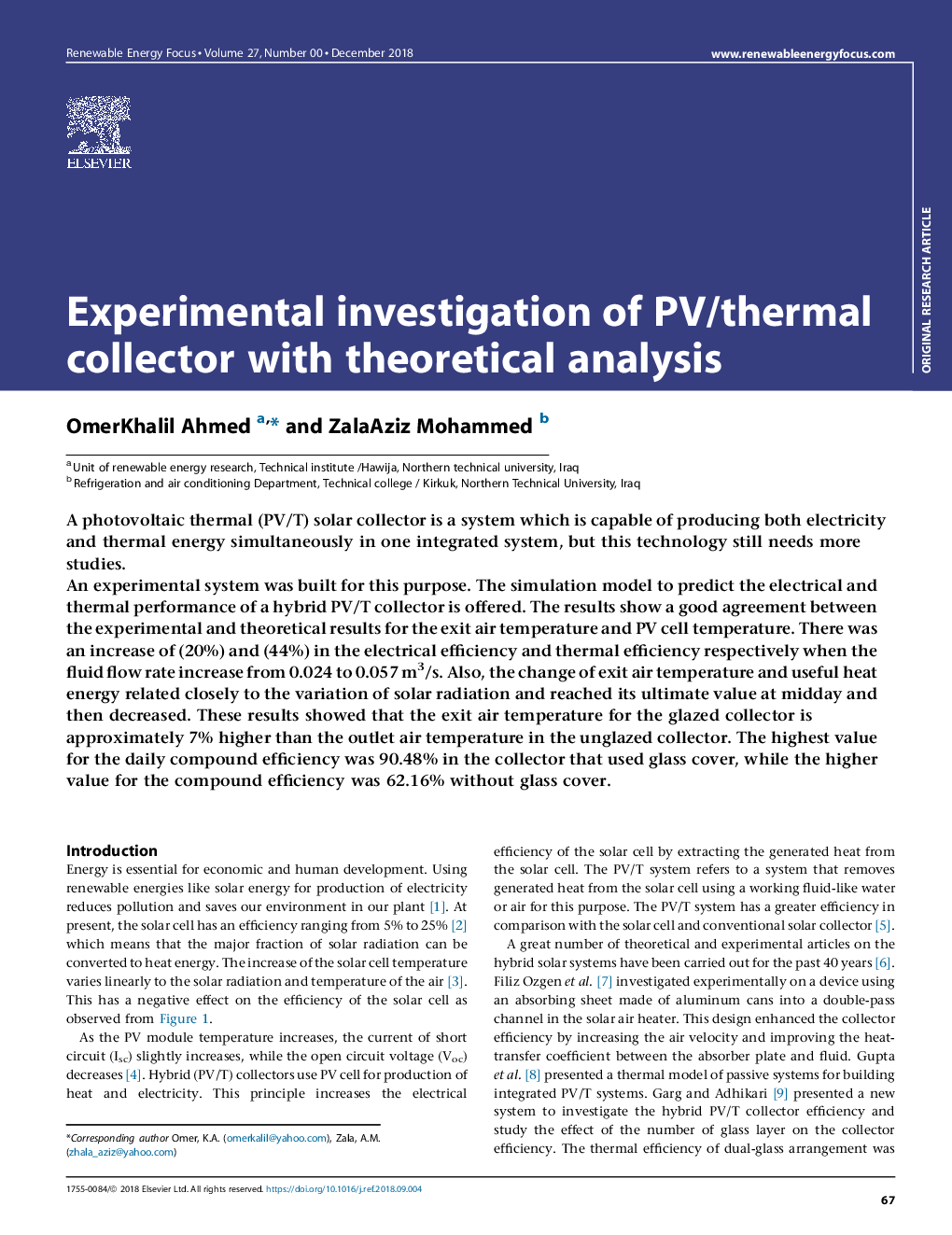 Experimental investigation of PV/thermal collector with theoretical analysis