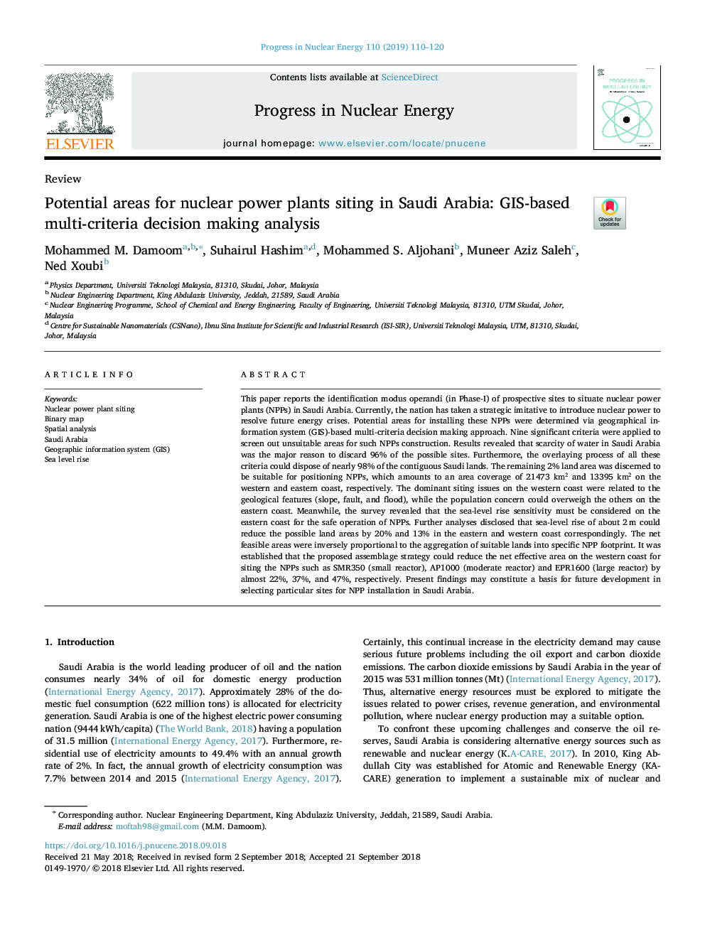 Potential areas for nuclear power plants siting in Saudi Arabia: GIS-based multi-criteria decision making analysis