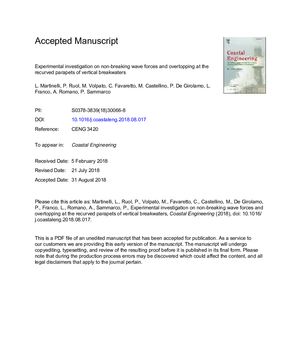 Experimental investigation on non-breaking wave forces and overtopping at the recurved parapets of vertical breakwaters