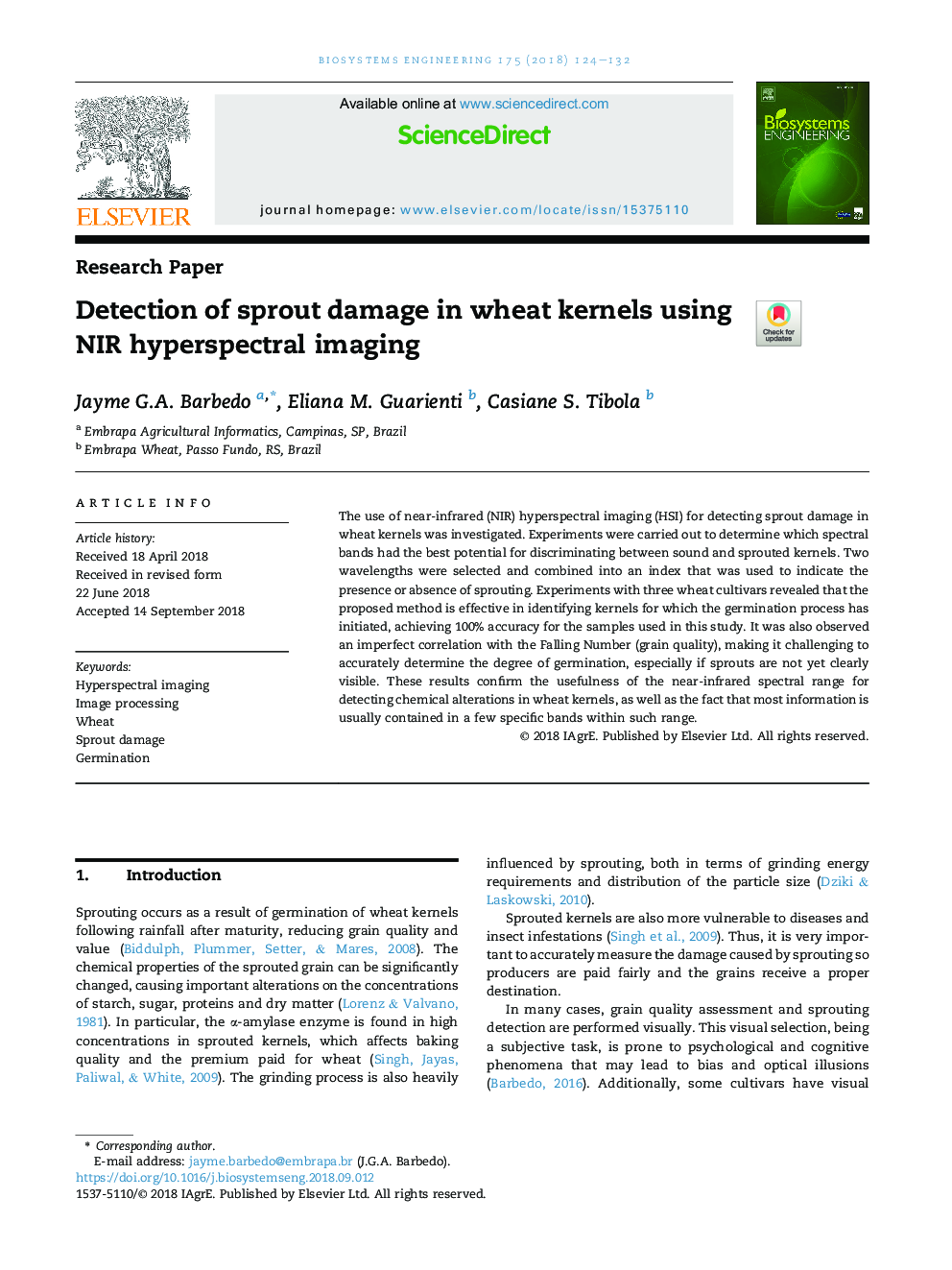 Detection of sprout damage in wheat kernels using NIR hyperspectral imaging