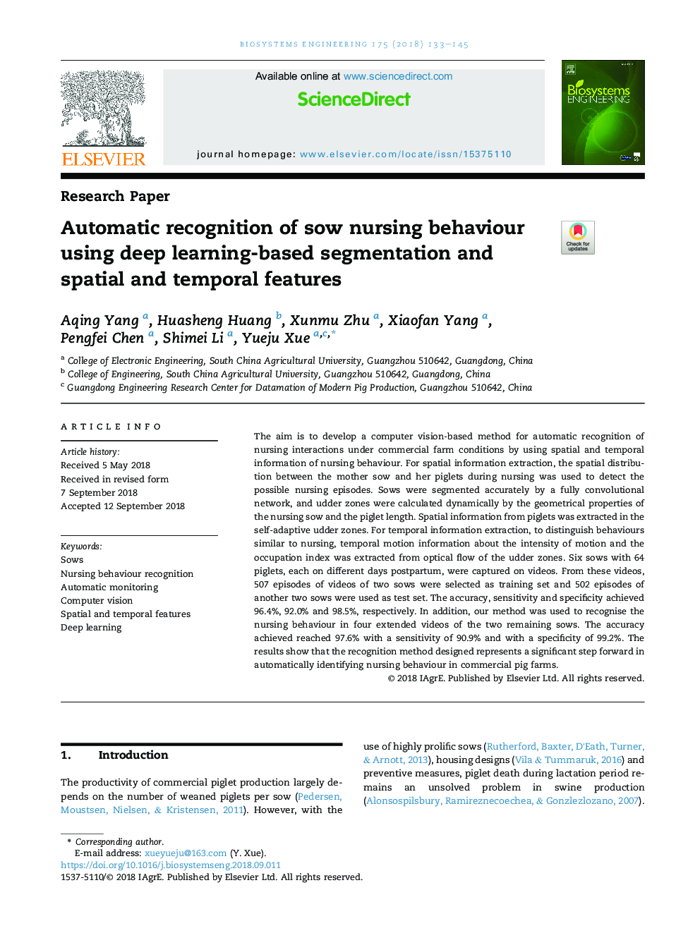 Automatic recognition of sow nursing behaviour using deep learning-based segmentation and spatial and temporal features