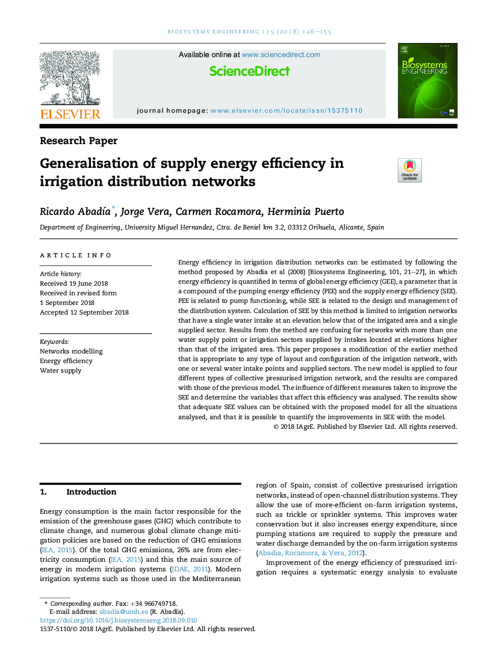 Generalisation of supply energy efficiency in irrigation distribution networks