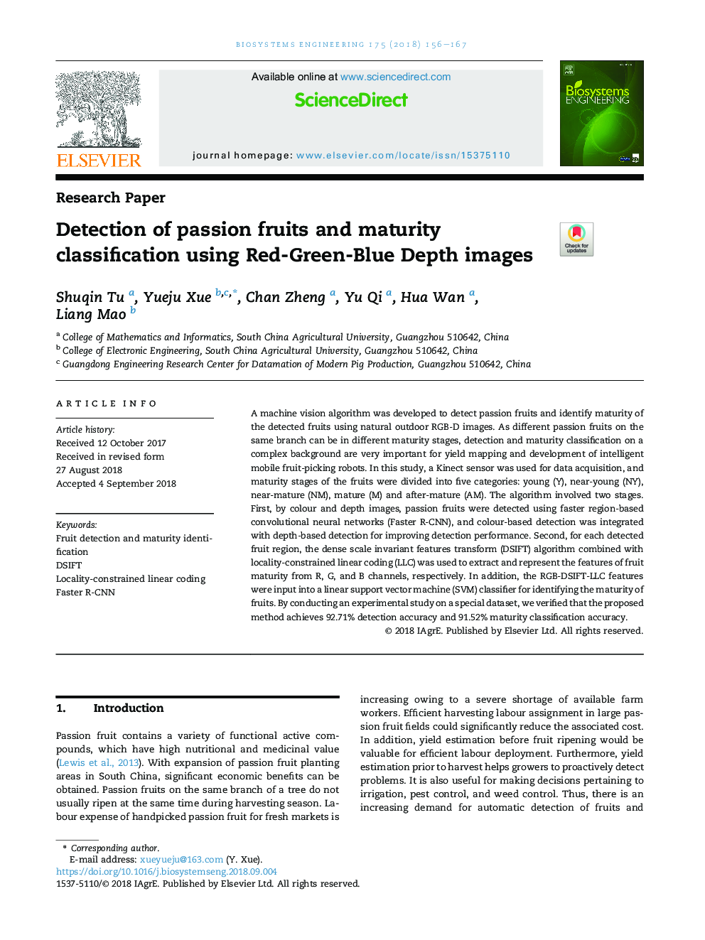 Detection of passion fruits and maturity classification using Red-Green-Blue Depth images