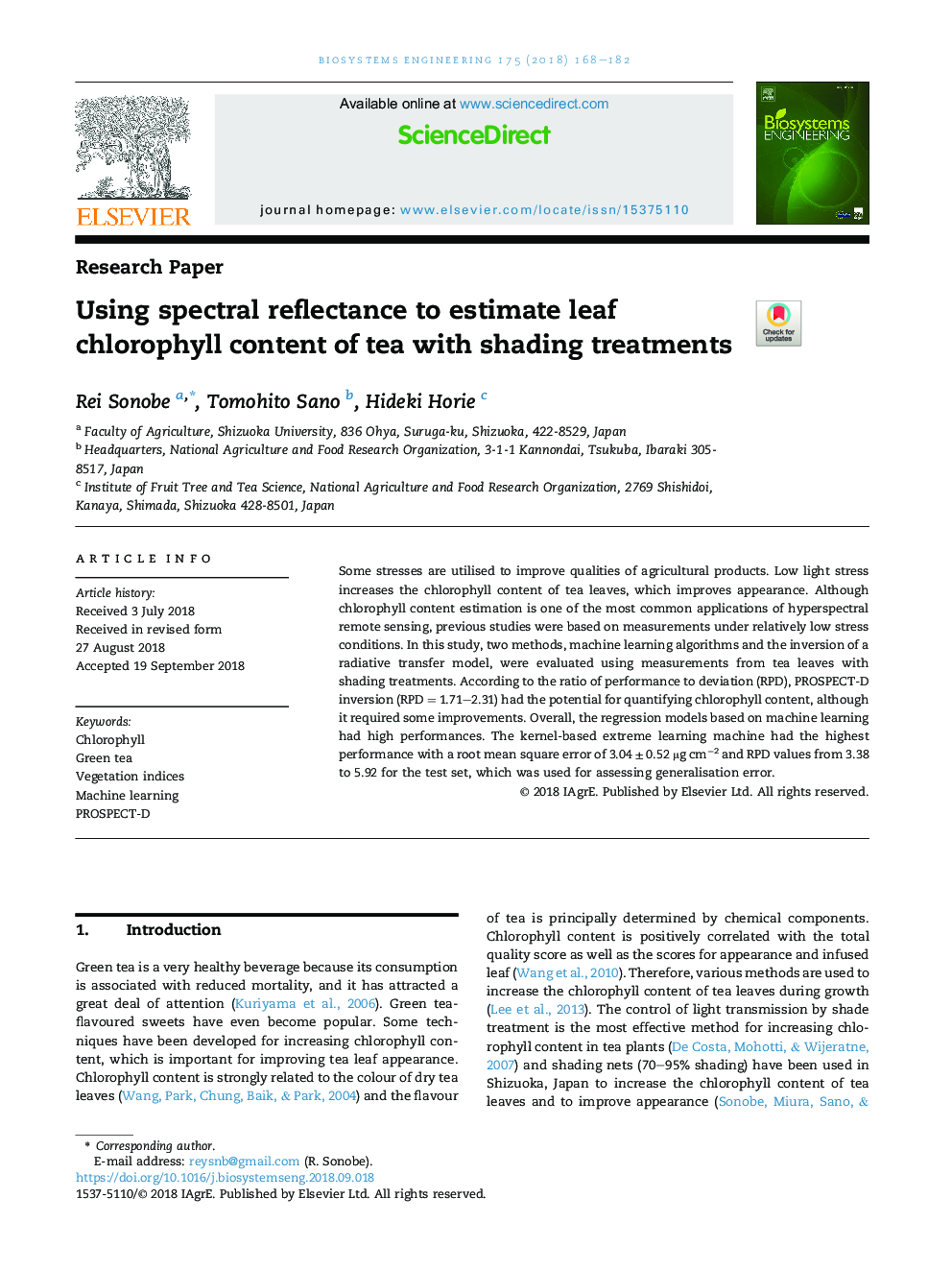 Using spectral reflectance to estimate leaf chlorophyll content of tea with shading treatments
