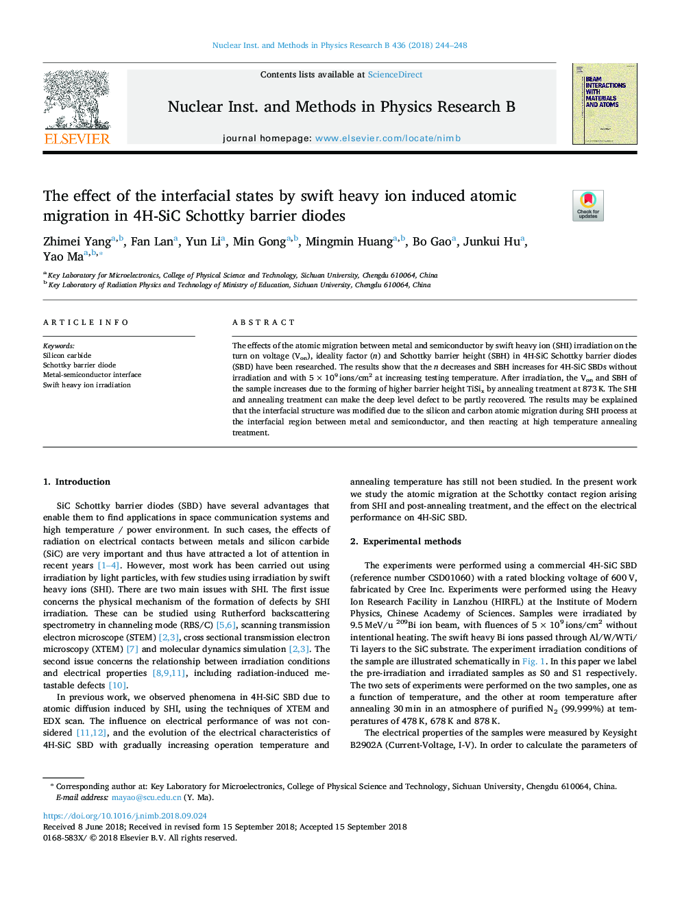 The effect of the interfacial states by swift heavy ion induced atomic migration in 4H-SiC Schottky barrier diodes