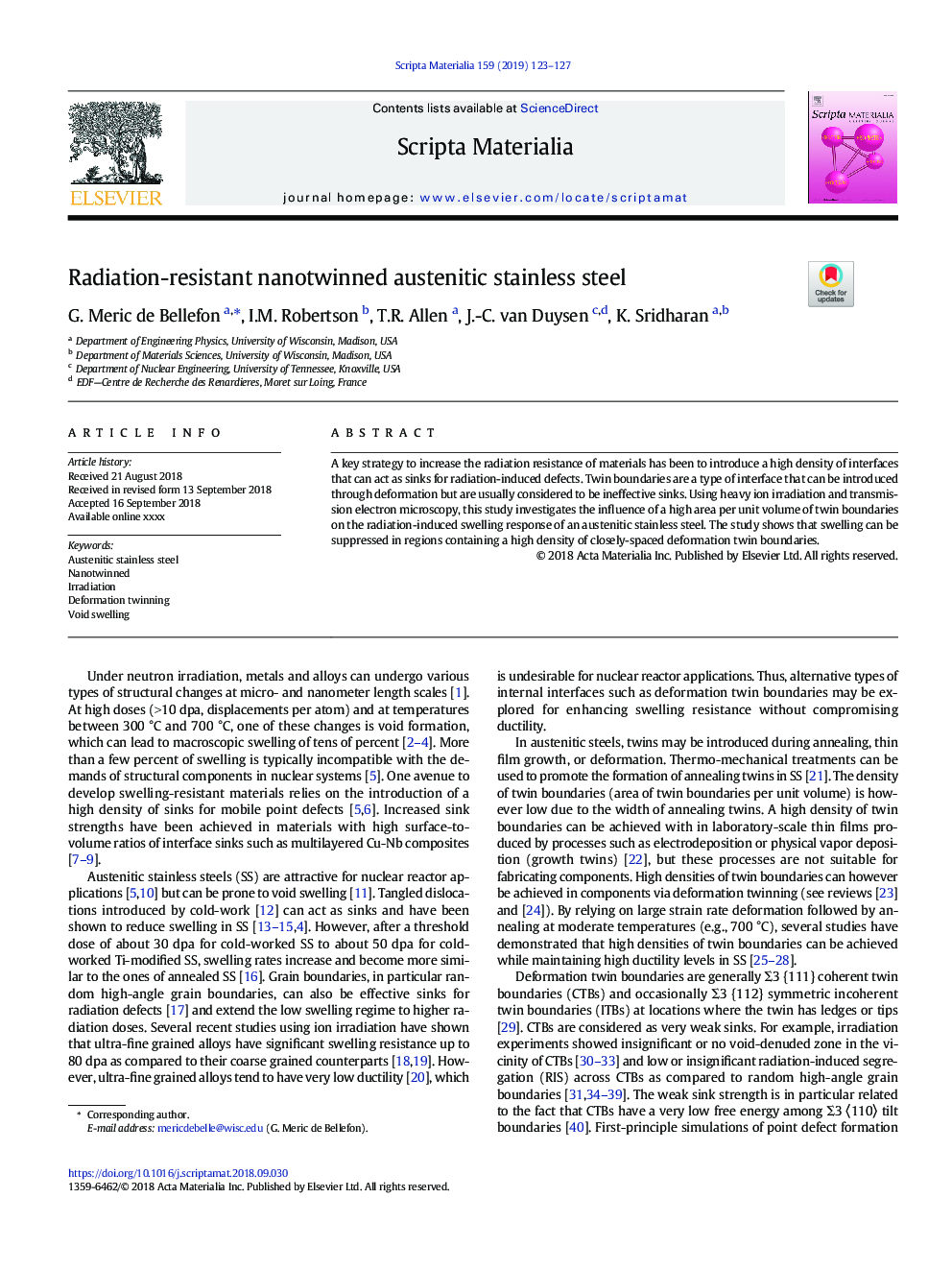 Radiation-resistant nanotwinned austenitic stainless steel