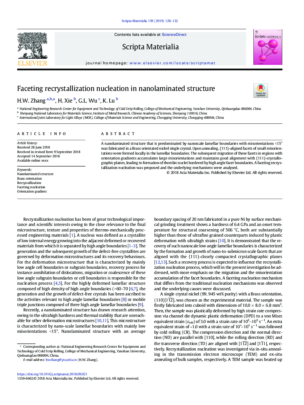 Faceting recrystallization nucleation in nanolaminated structure