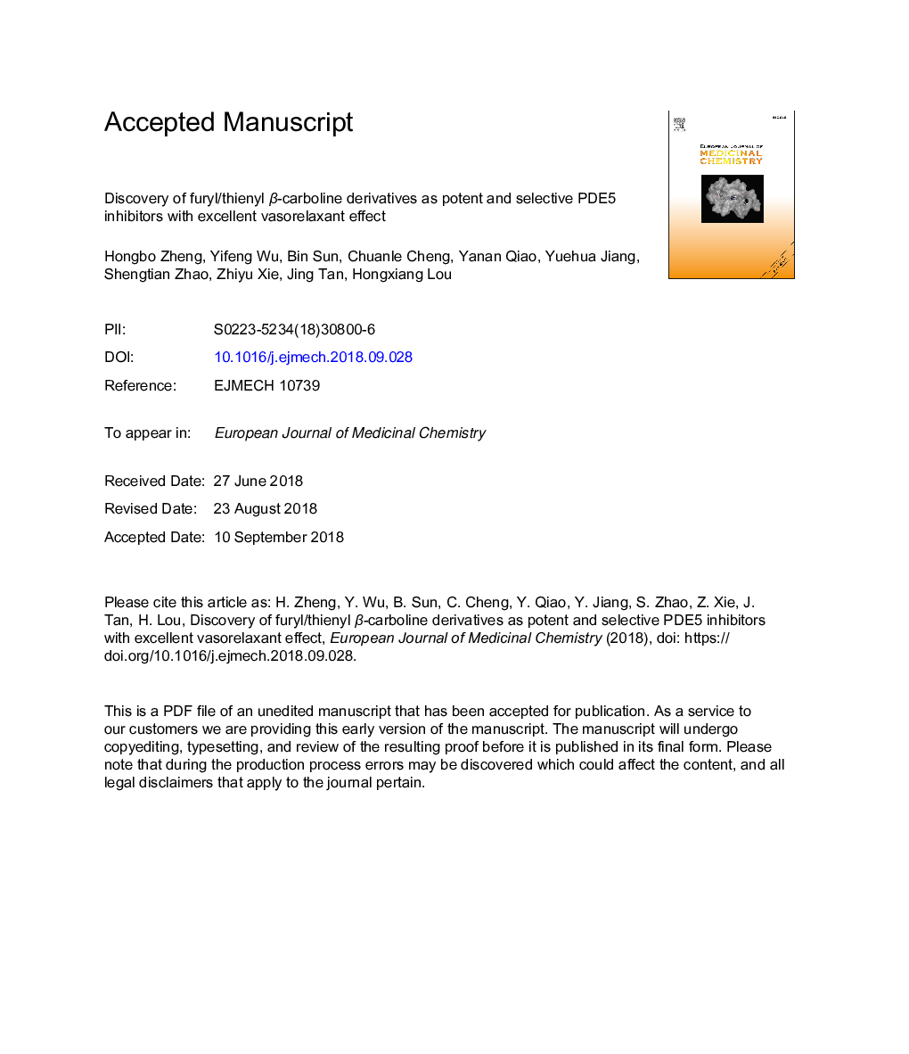 Discovery of furyl/thienyl Î²-carboline derivatives as potent and selective PDE5 inhibitors with excellent vasorelaxant effect