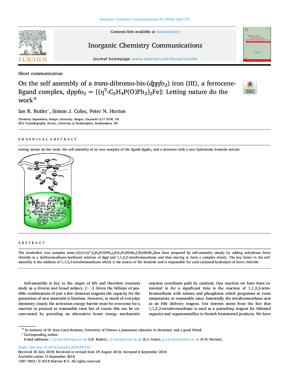 On the self assembly of a trans-dibromo-bis-(dppfo2) iron (III), a ferrocene-ligand complex, dppfo2â¯=â¯[(Æ5-C5H4P(O)Ph2)2Fe]: Letting nature do the work