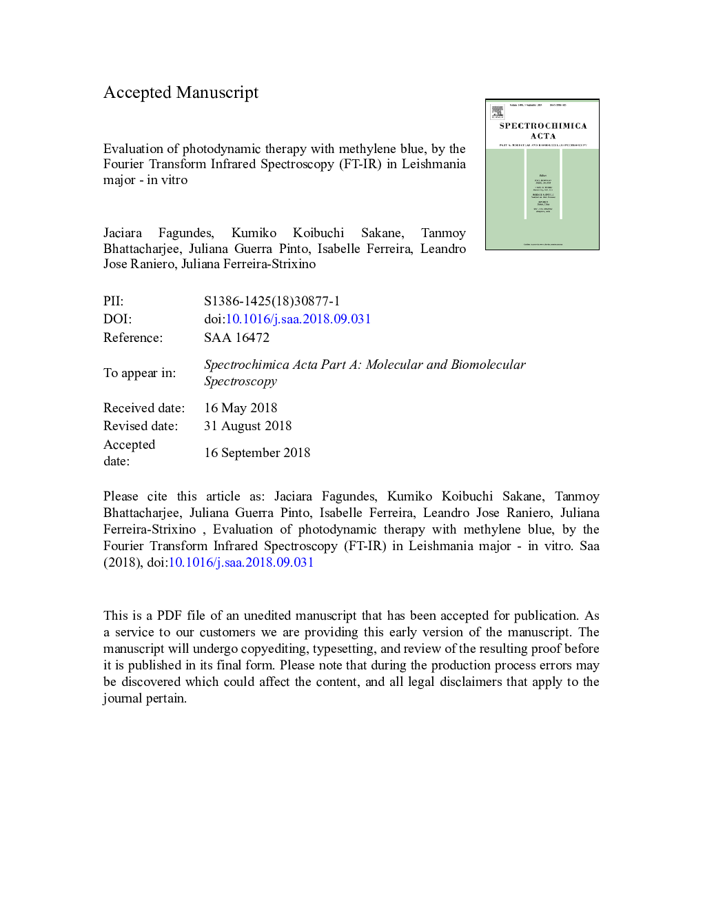 Evaluation of photodynamic therapy with methylene blue, by the Fourier Transform Infrared Spectroscopy (FT-IR) in Leishmania major - in vitro