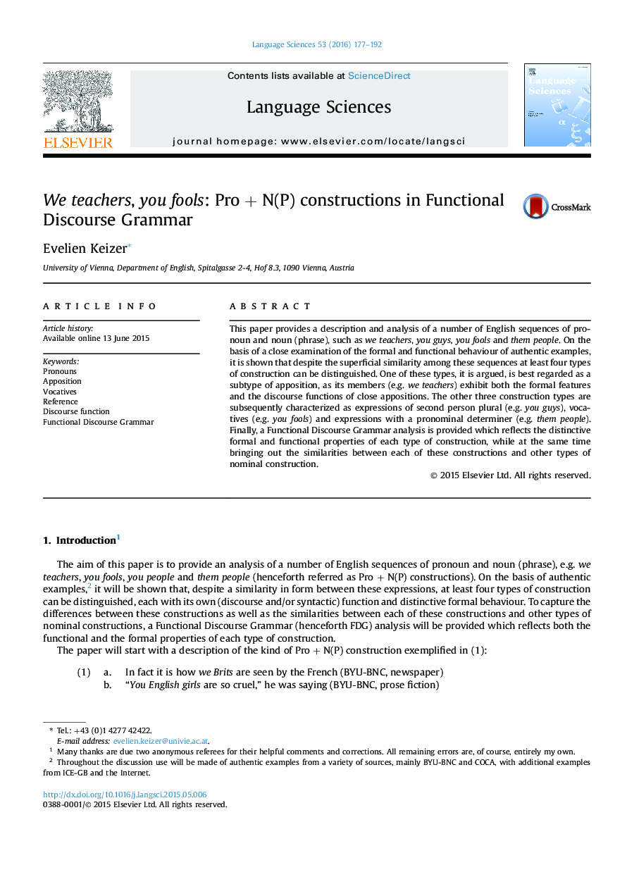 We teachers, you fools: Pro + N(P) constructions in Functional Discourse Grammar