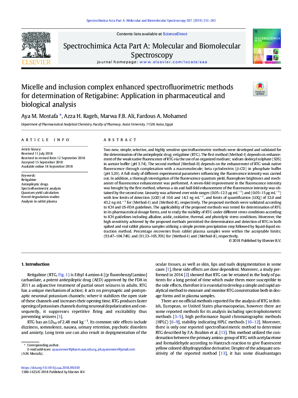 Micelle and inclusion complex enhanced spectrofluorimetric methods for determination of Retigabine: Application in pharmaceutical and biological analysis