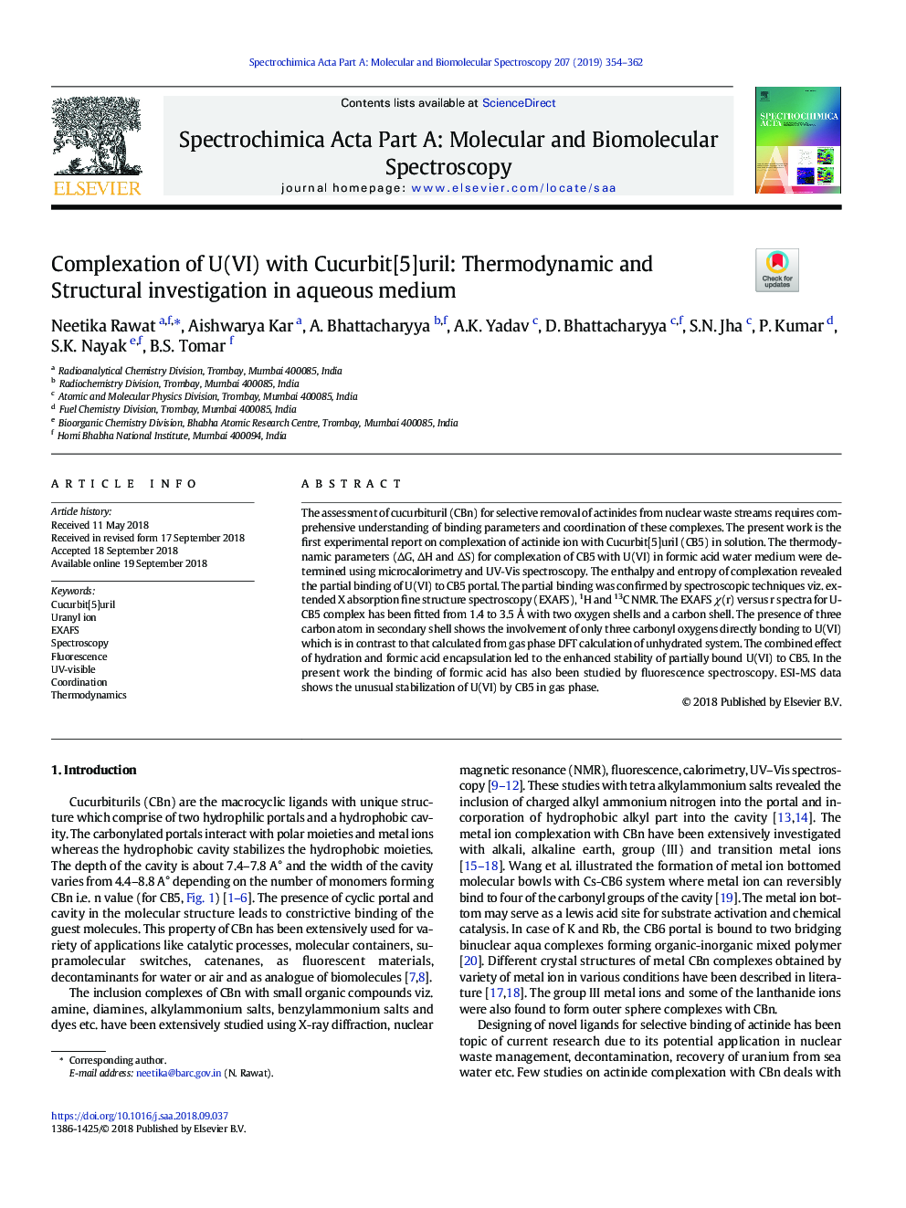 Complexation of U(VI) with Cucurbit[5]uril: Thermodynamic and Structural investigation in aqueous medium