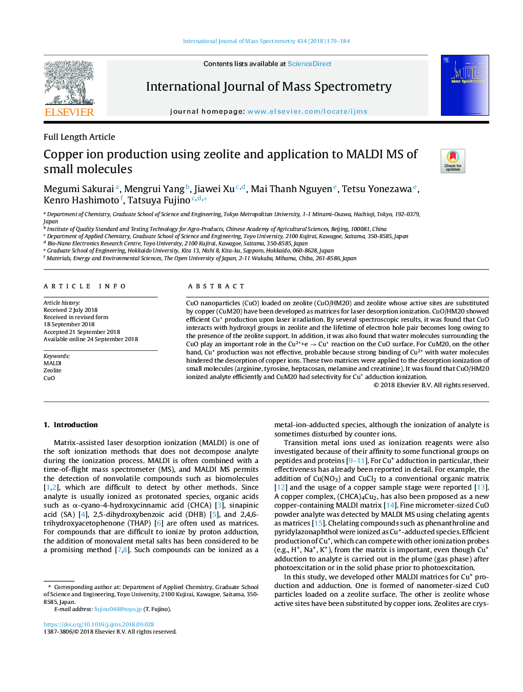 Copper ion production using zeolite and application to MALDI MS of small molecules