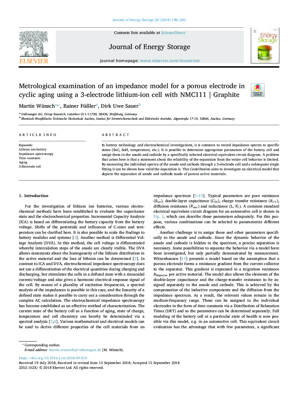 Metrological examination of an impedance model for a porous electrode in cyclic aging using a 3-electrode lithium-ion cell with NMC111 | Graphite