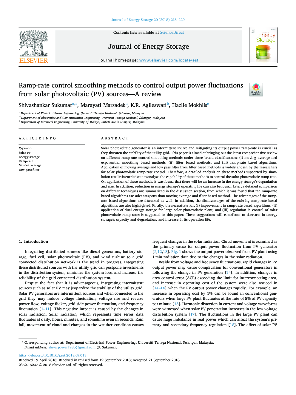 Ramp-rate control smoothing methods to control output power fluctuations from solar photovoltaic (PV) sources-A review