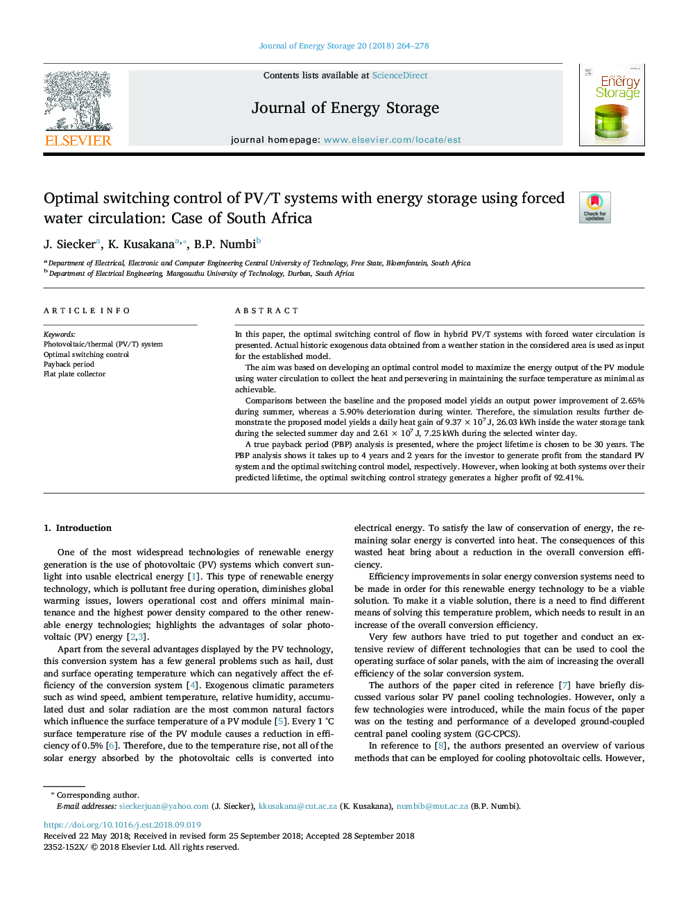 Optimal switching control of PV/T systems with energy storage using forced water circulation: Case of South Africa