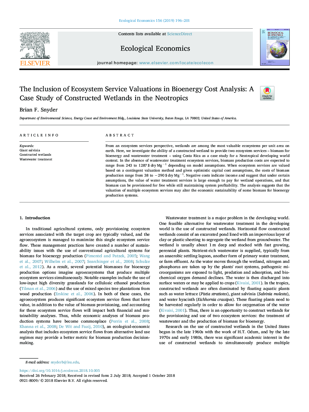 The Inclusion of Ecosystem Service Valuations in Bioenergy Cost Analysis: A Case Study of Constructed Wetlands in the Neotropics