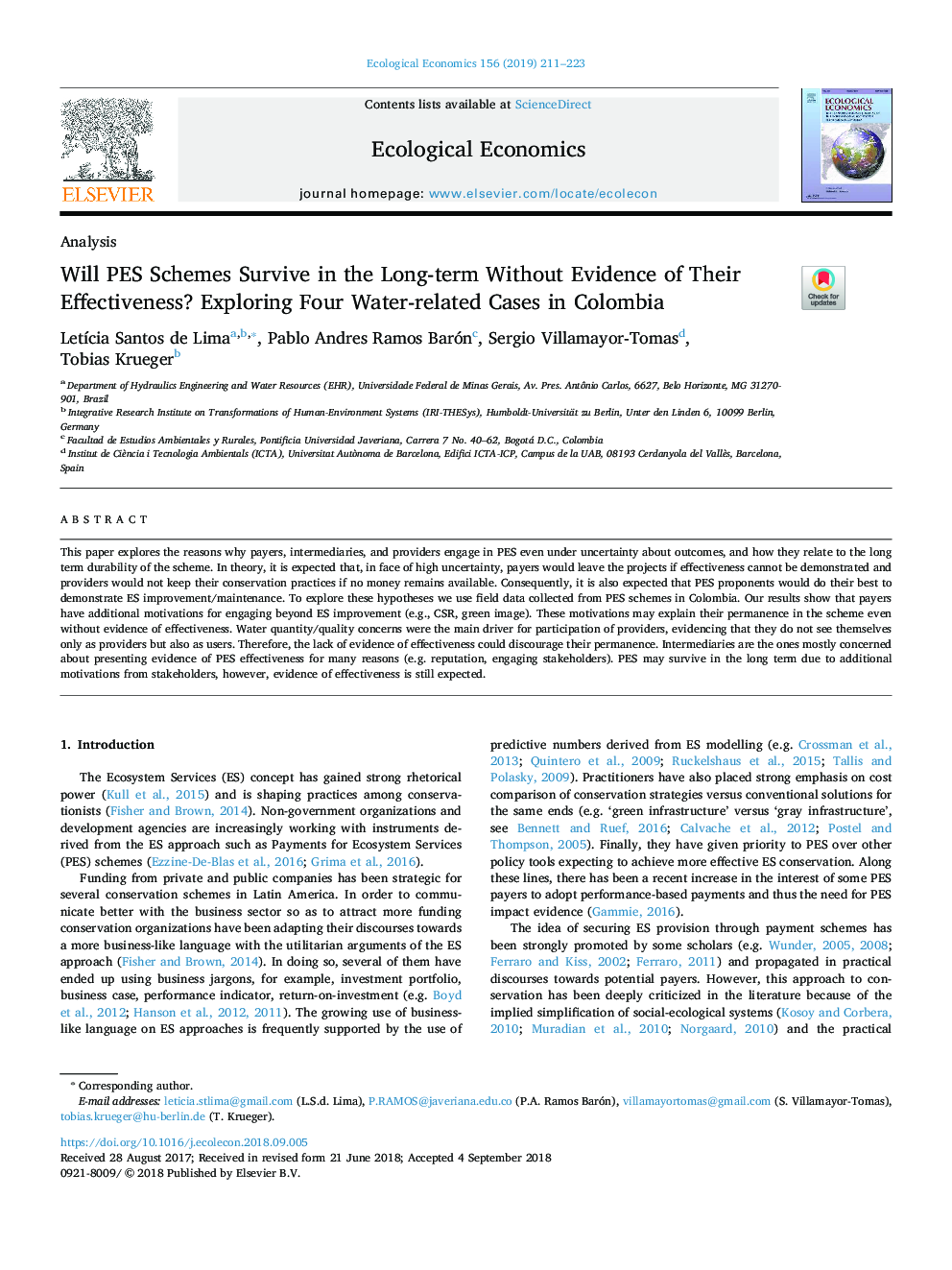 Will PES Schemes Survive in the Long-term Without Evidence of Their Effectiveness? Exploring Four Water-related Cases in Colombia