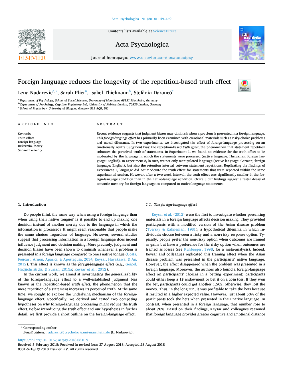 Foreign language reduces the longevity of the repetition-based truth effect