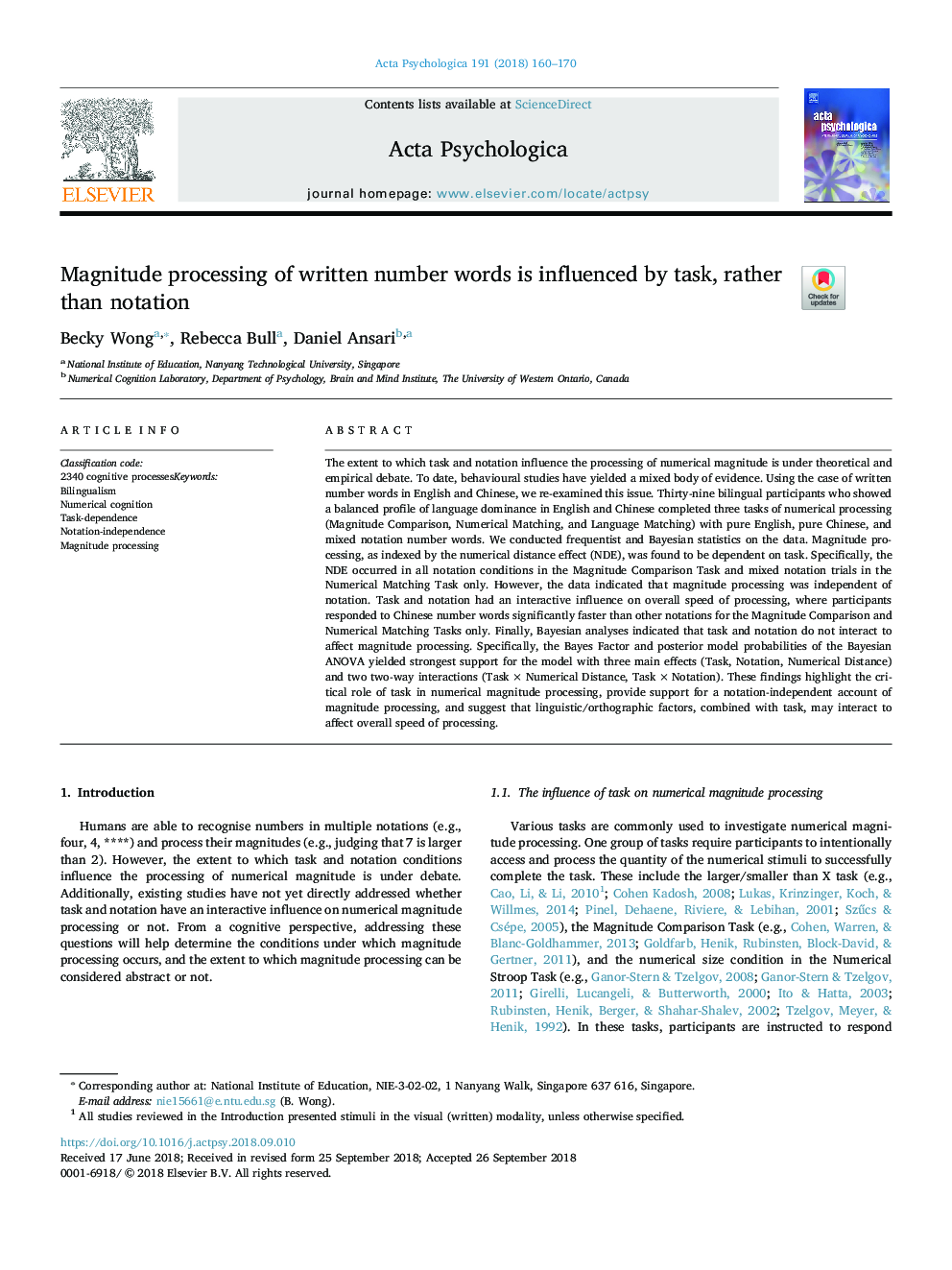 Magnitude processing of written number words is influenced by task, rather than notation