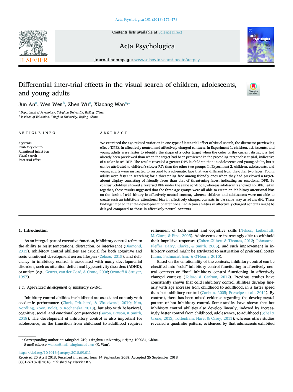 Differential inter-trial effects in the visual search of children, adolescents, and young adults