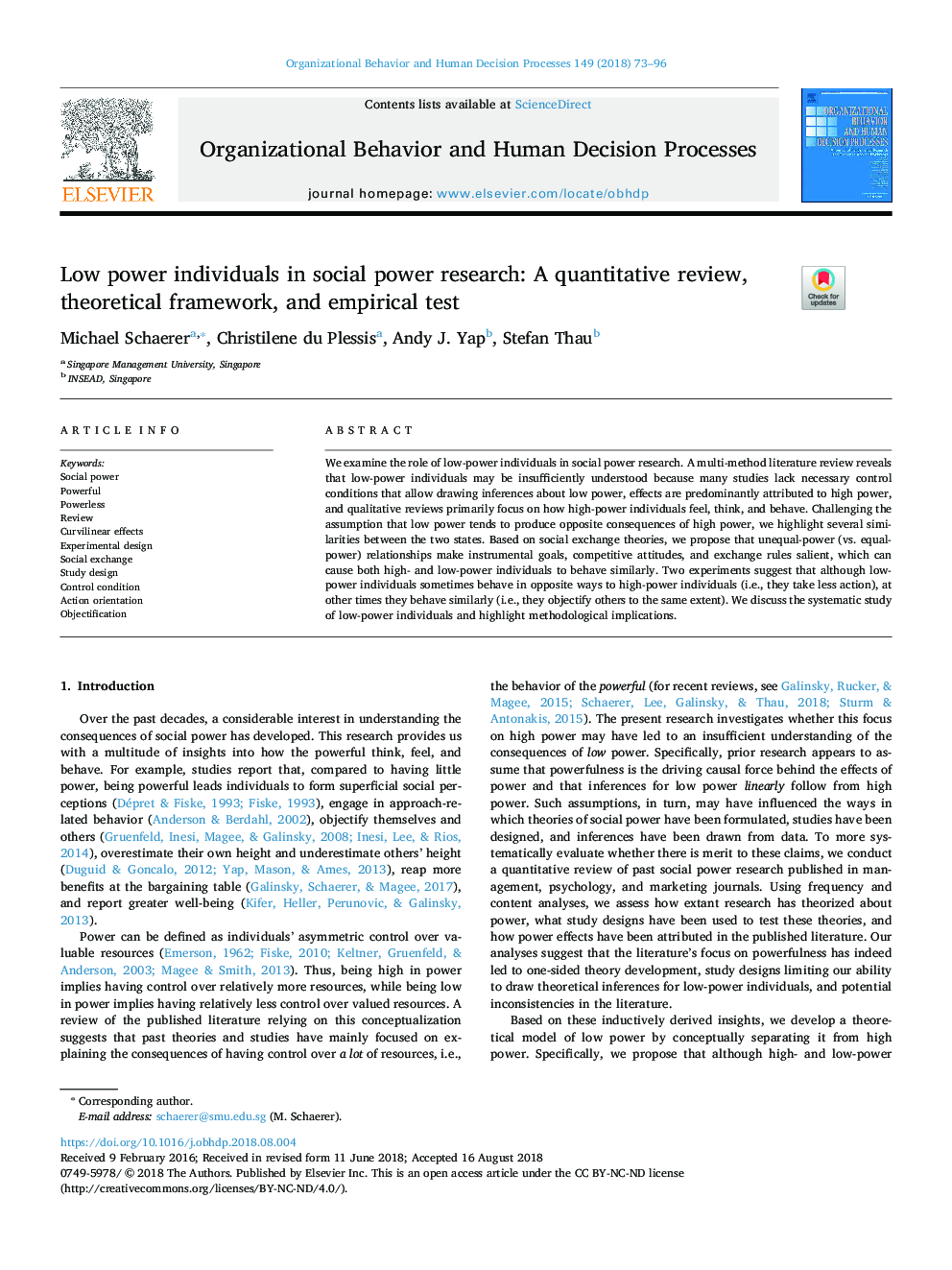 Low power individuals in social power research: A quantitative review, theoretical framework, and empirical test