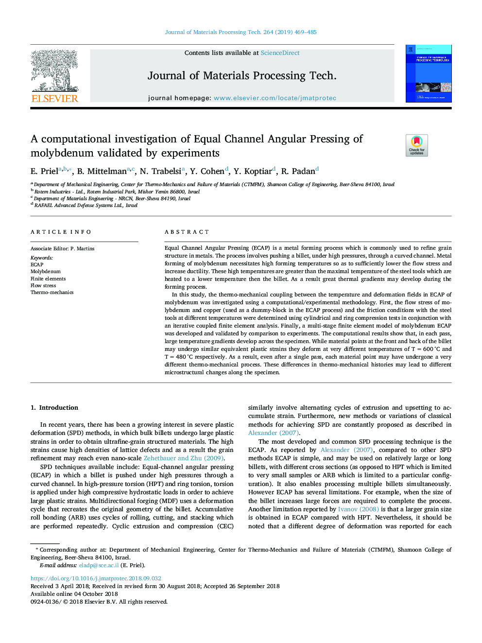 A computational investigation of Equal Channel Angular Pressing of molybdenum validated by experiments