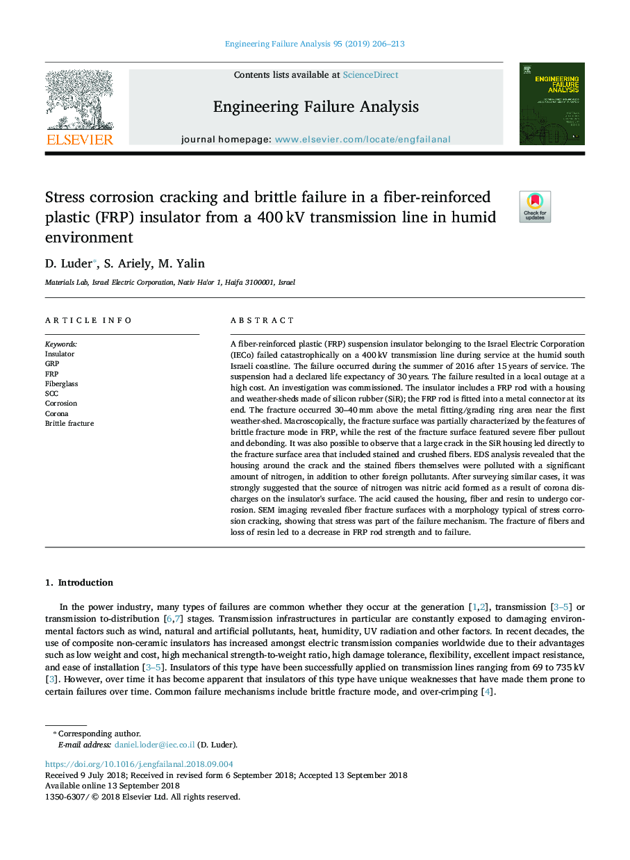 Stress corrosion cracking and brittle failure in a fiber-reinforced plastic (FRP) insulator from a 400â¯kV transmission line in humid environment