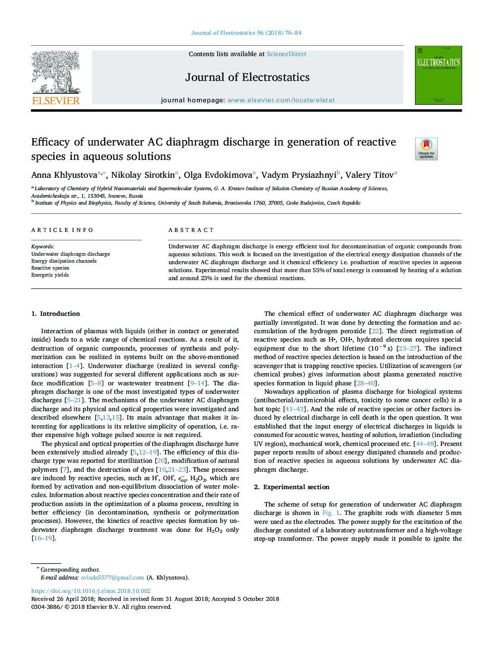 Efficacy of underwater AC diaphragm discharge in generation of reactive species in aqueous solutions