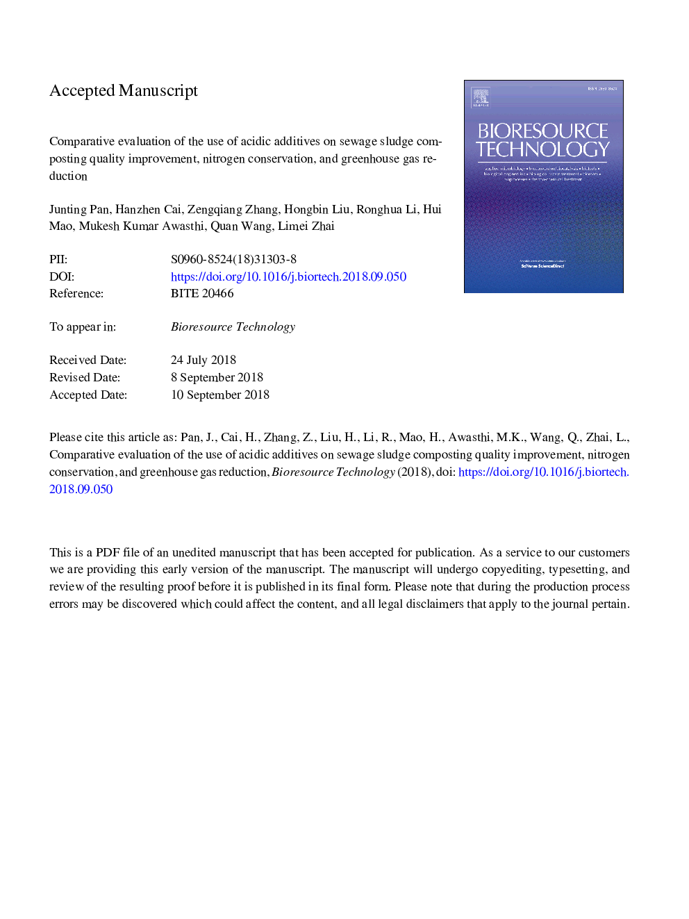 Comparative evaluation of the use of acidic additives on sewage sludge composting quality improvement, nitrogen conservation, and greenhouse gas reduction