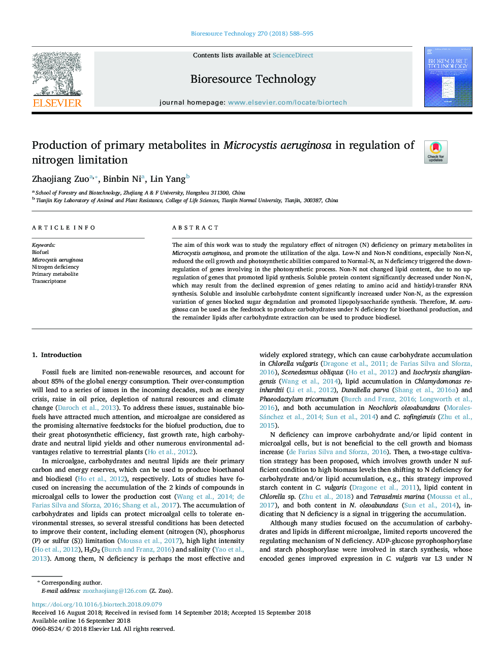 Production of primary metabolites in Microcystis aeruginosa in regulation of nitrogen limitation