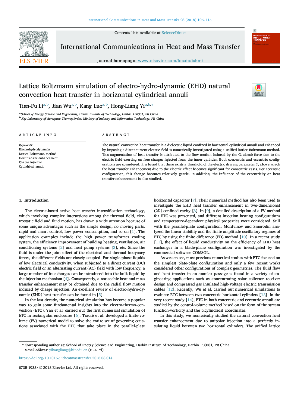 Lattice Boltzmann simulation of electro-hydro-dynamic (EHD) natural convection heat transfer in horizontal cylindrical annuli