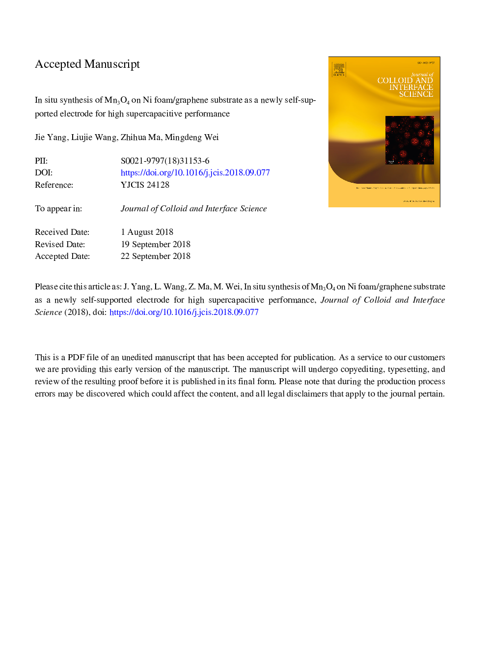 In situ synthesis of Mn3O4 on Ni foam/graphene substrate as a newly self-supported electrode for high supercapacitive performance