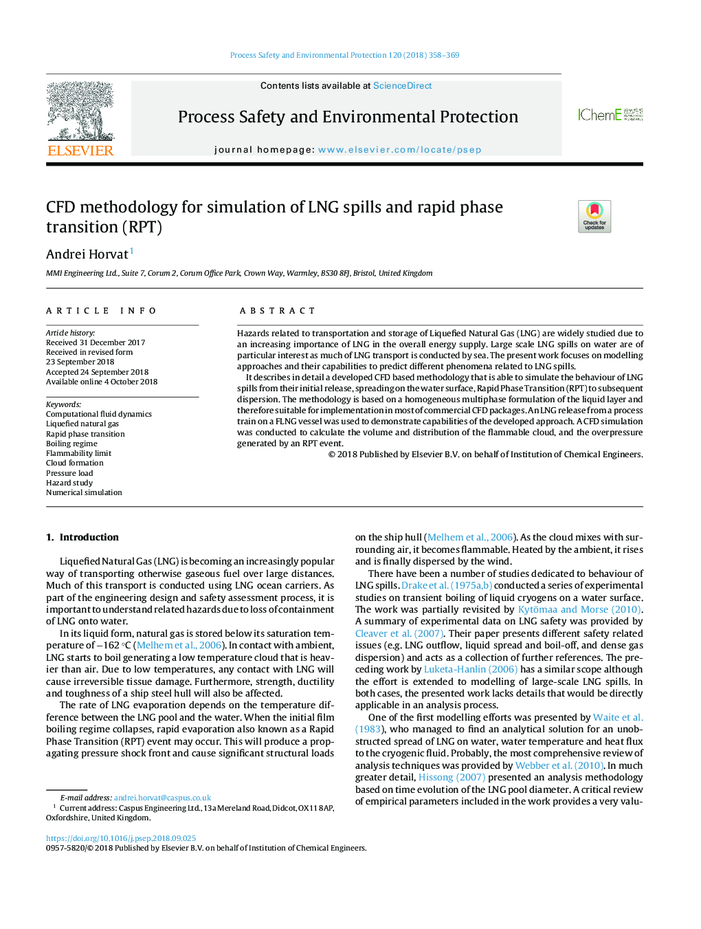 CFD methodology for simulation of LNG spills and rapid phase transition (RPT)