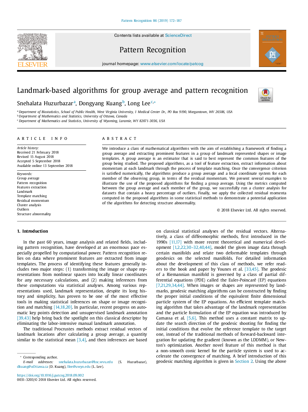 عکس صفحه اول مقاله: Landmark-based algorithms for group average and pattern recognition Landmark-based algorithms for group average and pattern recognition
