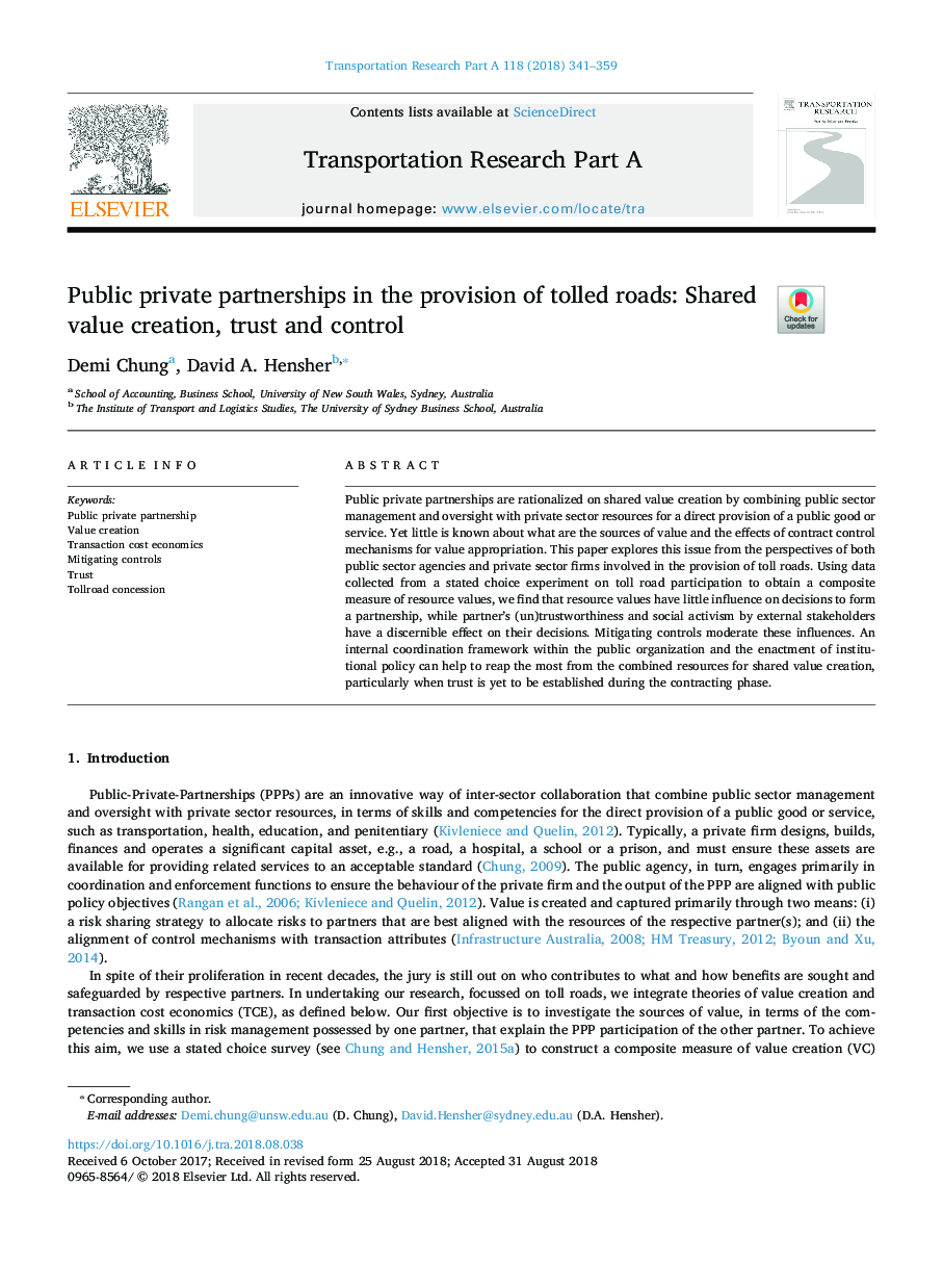 Public private partnerships in the provision of tolled roads: Shared value creation, trust and control