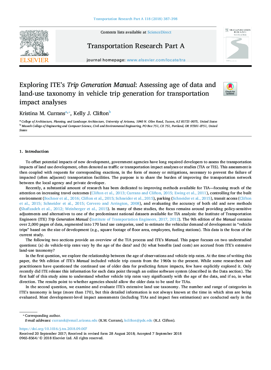 Exploring ITE's Trip Generation Manual: Assessing age of data and land-use taxonomy in vehicle trip generation for transportation impact analyses