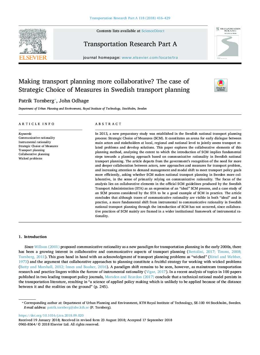 Making transport planning more collaborative? The case of Strategic Choice of Measures in Swedish transport planning