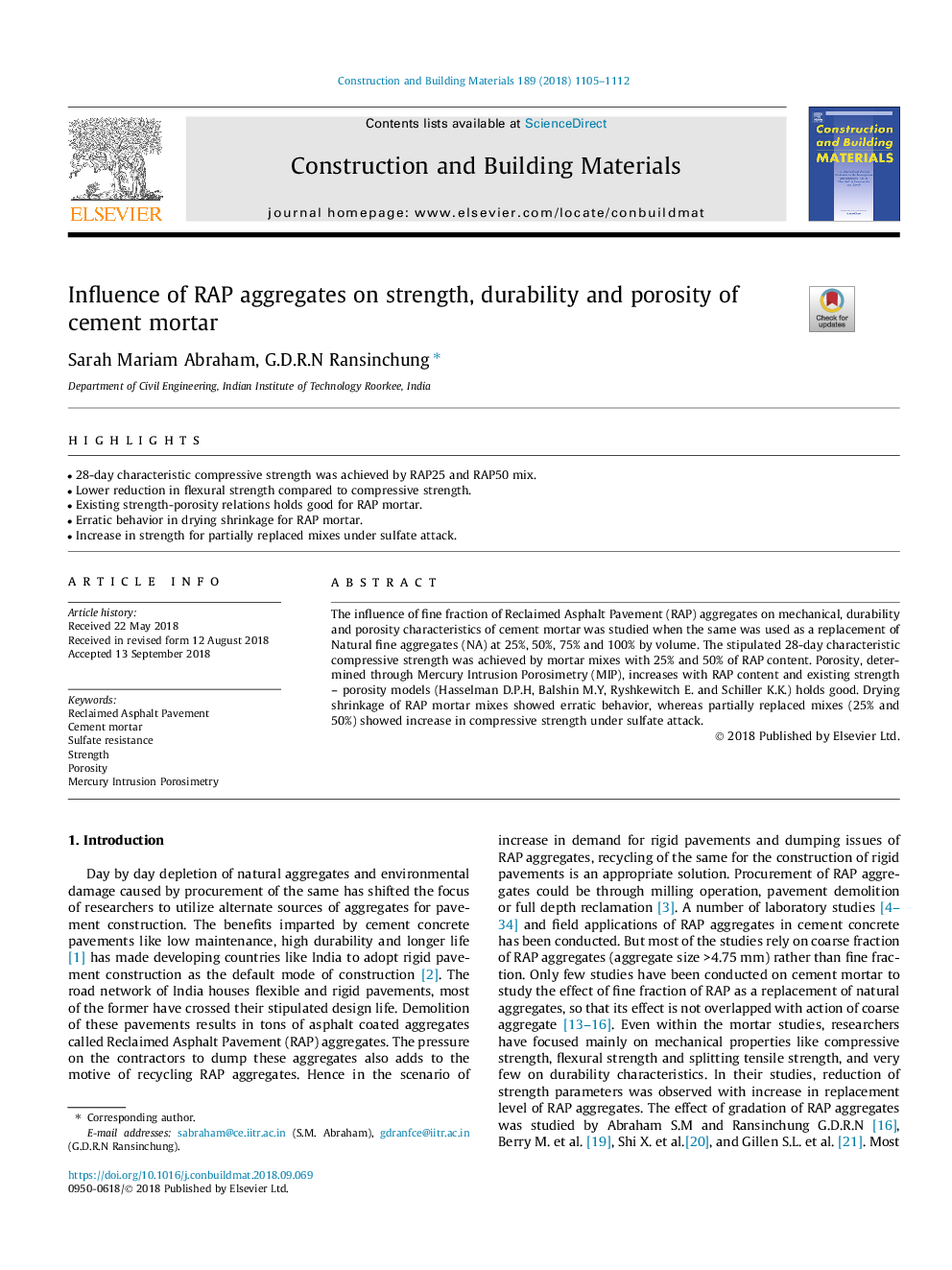 Influence of RAP aggregates on strength, durability and porosity of cement mortar