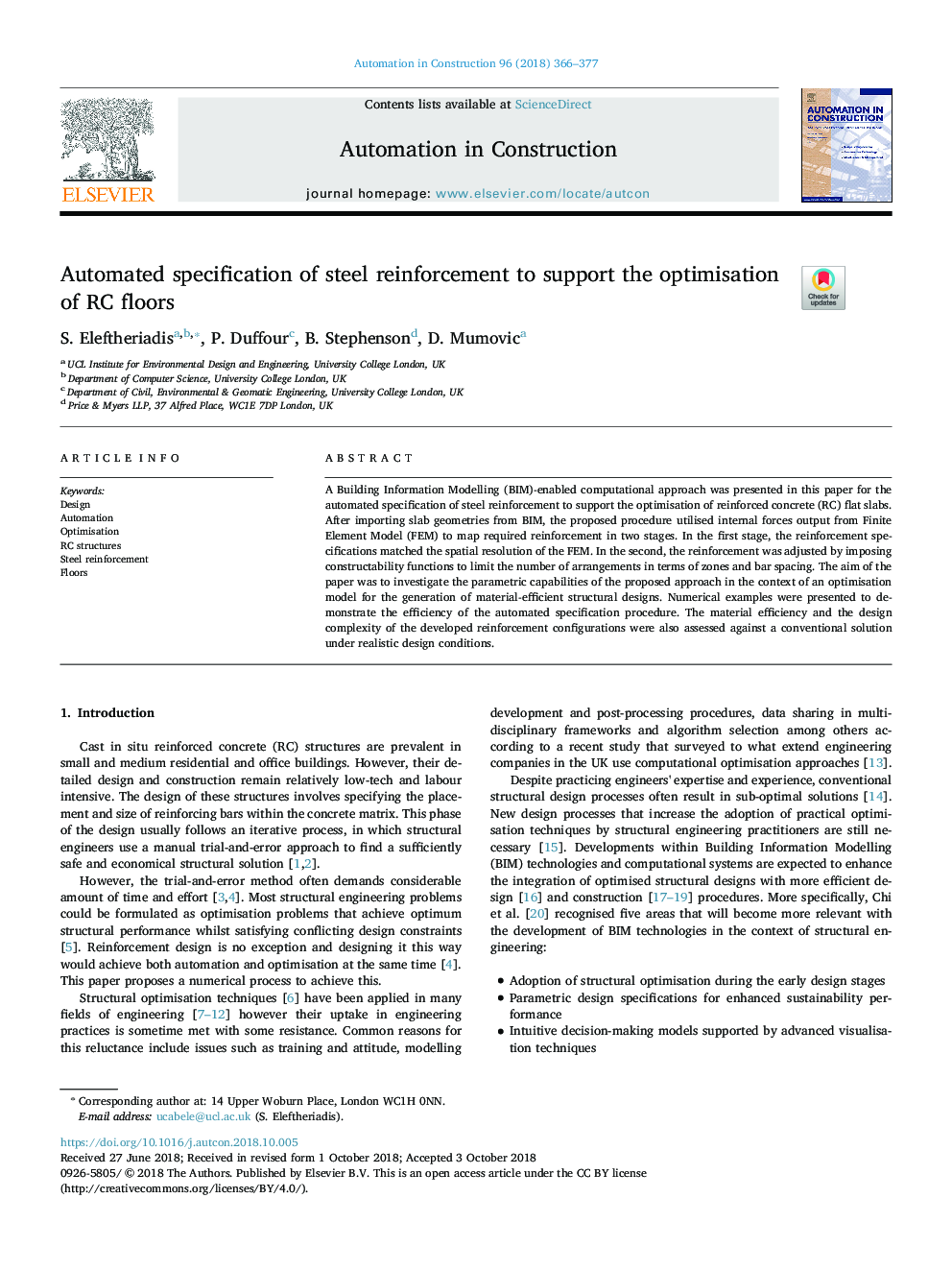 Automated specification of steel reinforcement to support the optimisation of RC floors