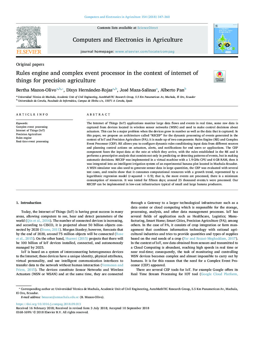 Rules engine and complex event processor in the context of internet of things for precision agriculture