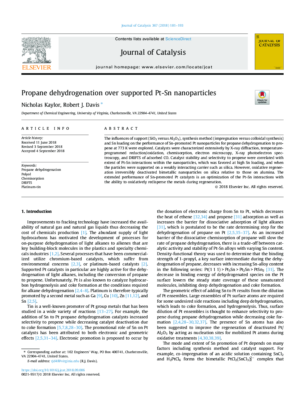 Propane dehydrogenation over supported Pt-Sn nanoparticles