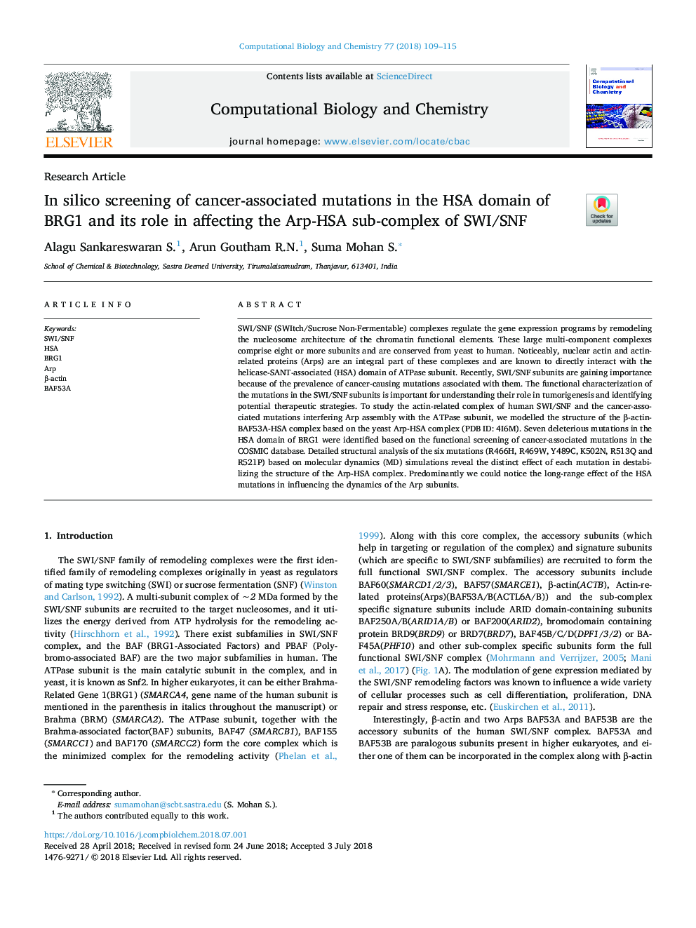 In silico screening of cancer-associated mutations in the HSA domain of BRG1 and its role in affecting the Arp-HSA sub-complex of SWI/SNF